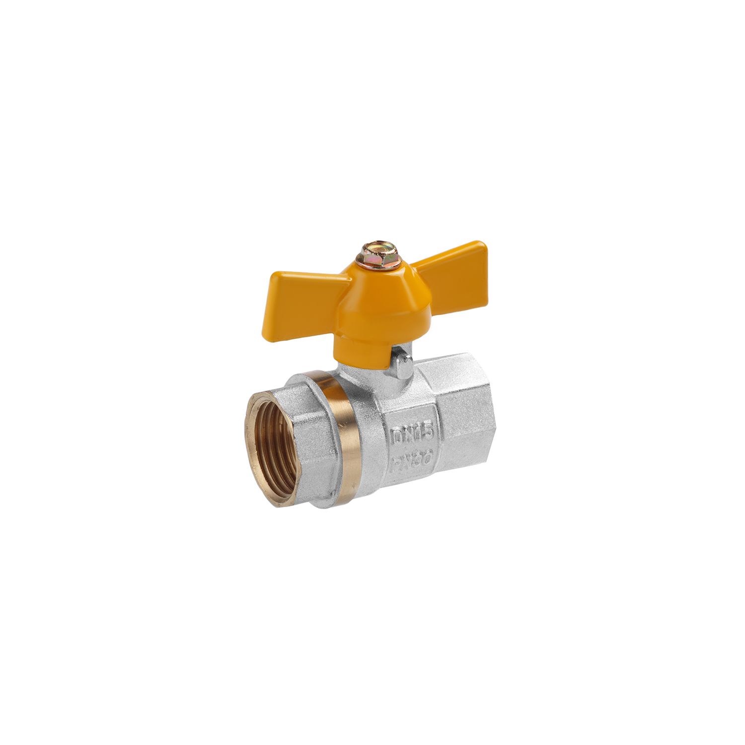 Кран кульовий для газу Valves 1/2" ВВ PN30 жовтий метелик, нікельований