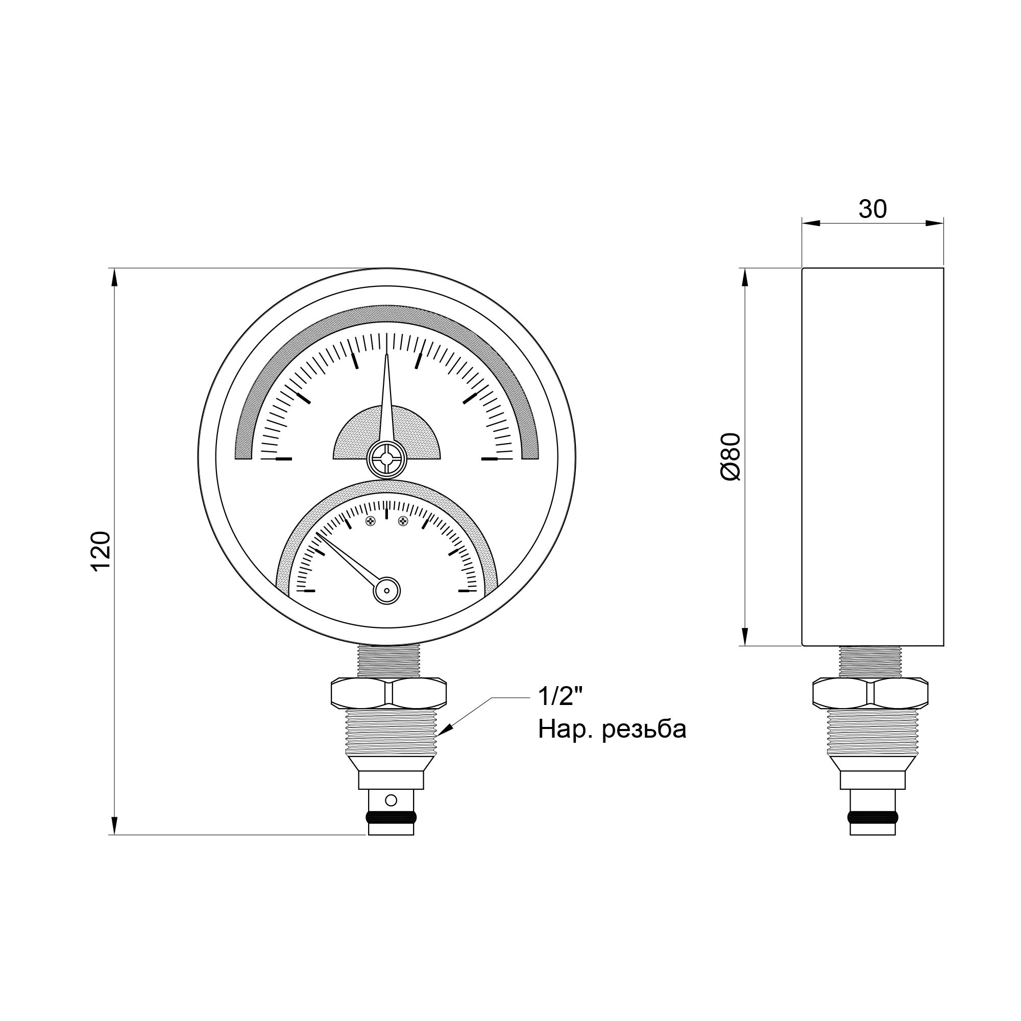 Термоманометр Thermo Alliance Standart нижнього підключення 1/2"З Ø80мм 120°C 10 бар SD17210B