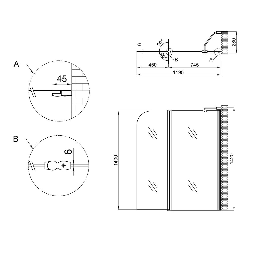Штора на ванну Lidz Brama SS120x140R.CRM.TR стекло прозрачное 6 мм, правая