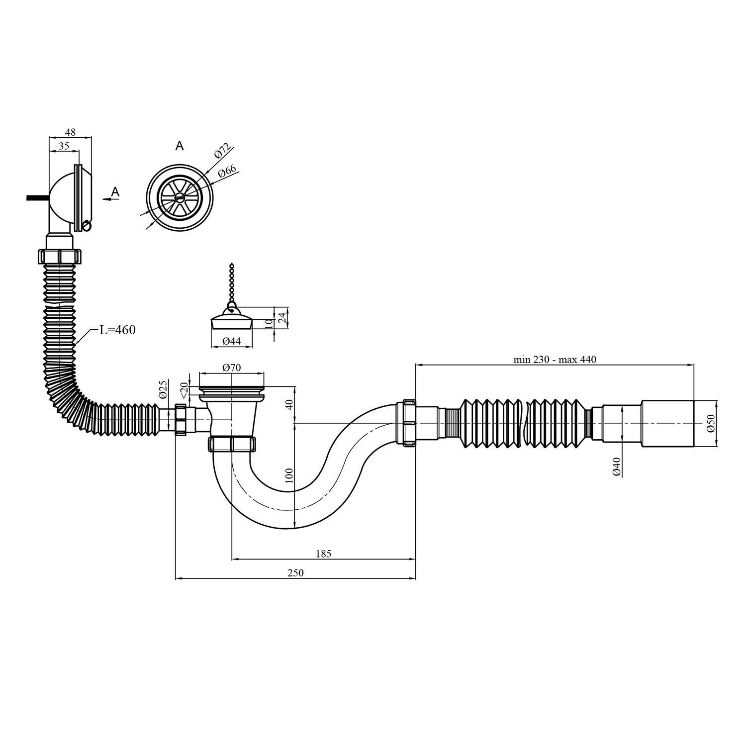 Сифон для ванни Agua BS02 1 1/2"х40/50 мм прямоточний, з переливом