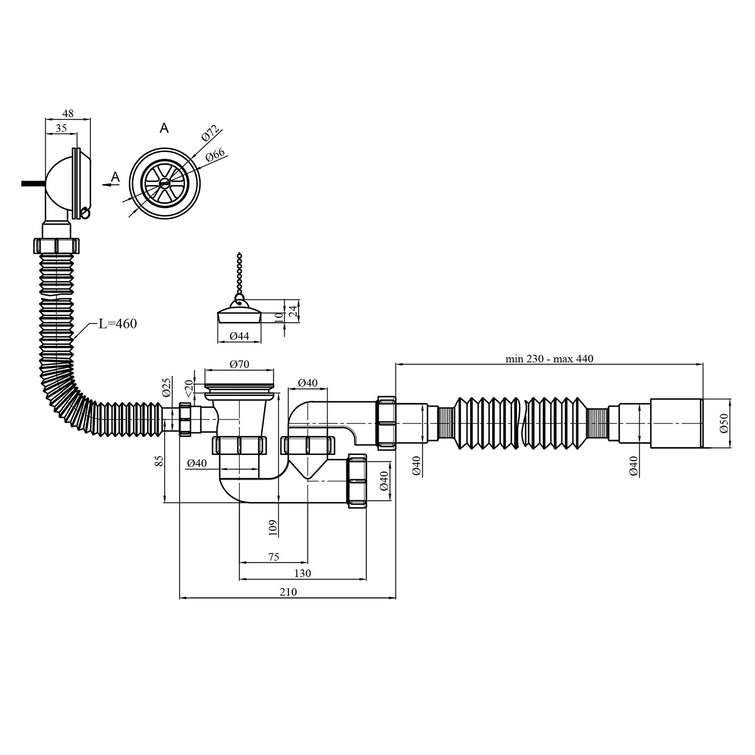 Сифон для ванни Agua BS03 1 1/2"х40/50 мм з переливом та ревізією