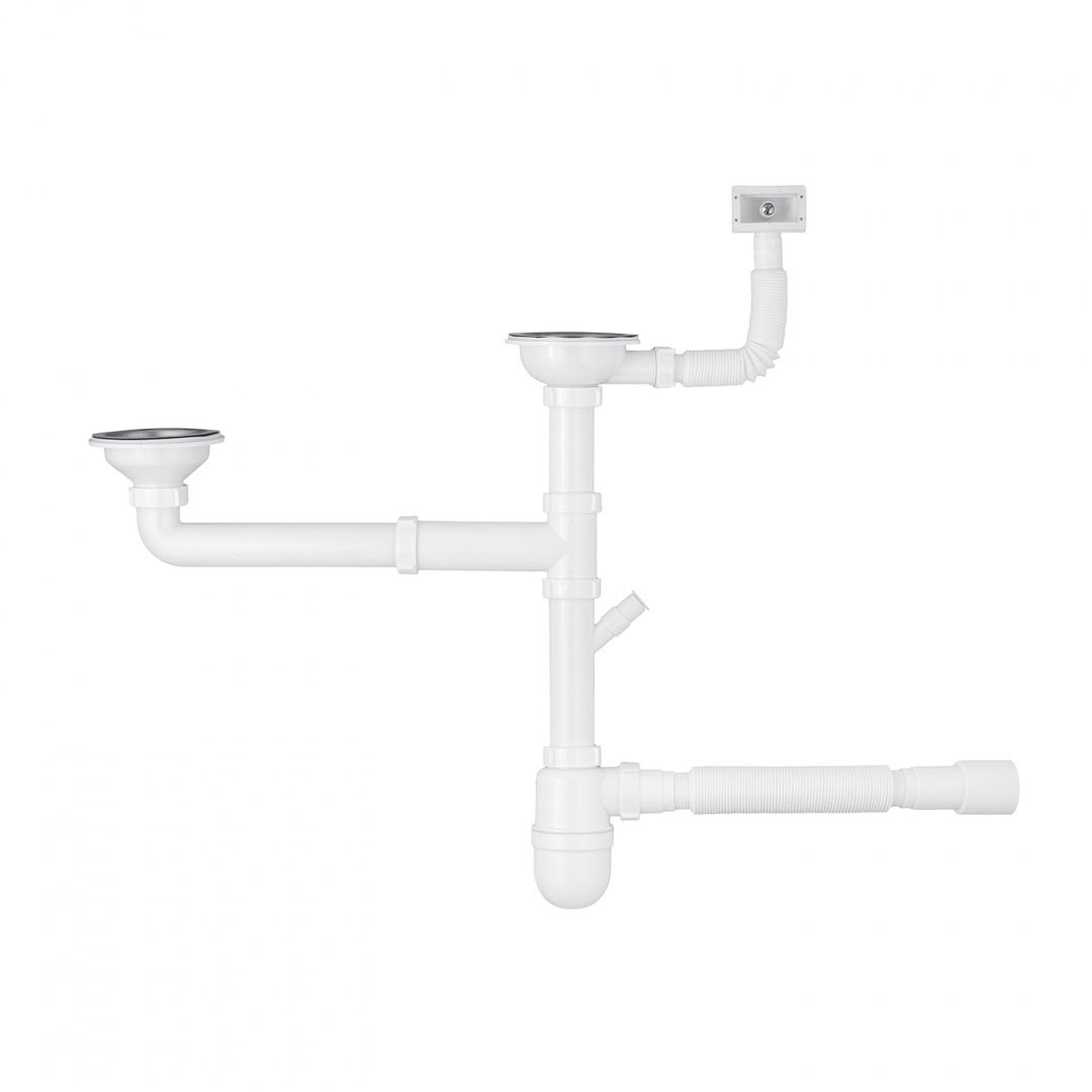 Сифон подвійний для кухонної мийки Agua KS04-1 3 1/2"х40/50 мм з відводом для пральної машини, з круглим переливом