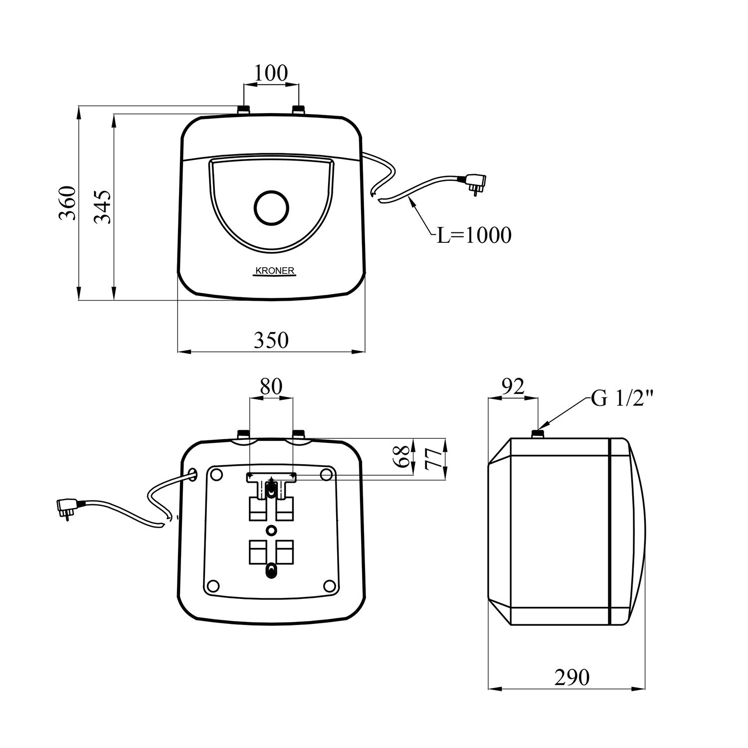 Водонагрівач Kroner Small K10SU1.5 з мокрим ТЕНом