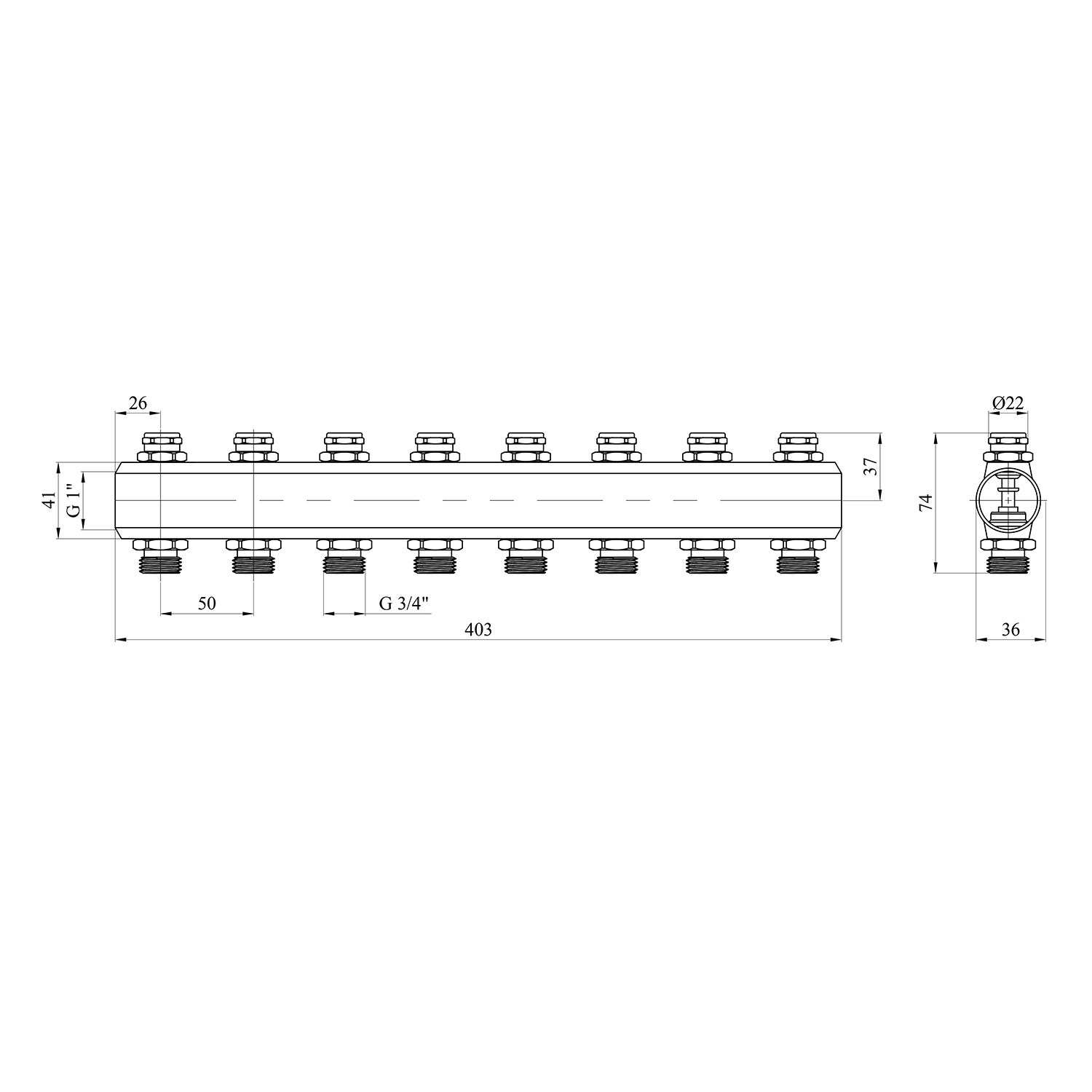 Колектор регулюючий Karro на 8 виходів 1"х3/4" відсікаючий вентиль, латунний KR-1012U