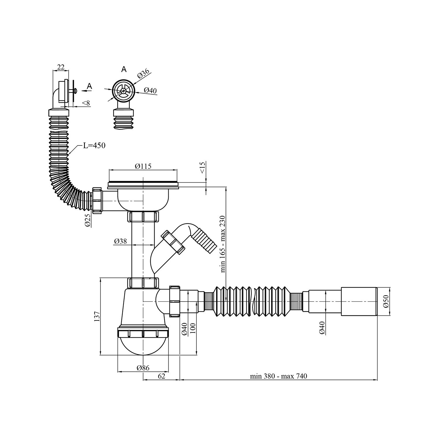 Сифон для кухонної мийки Kroner KRP - KS02R-1 3 1/2"х40/50 мм з відводом для пральної машини, з круглим переливом