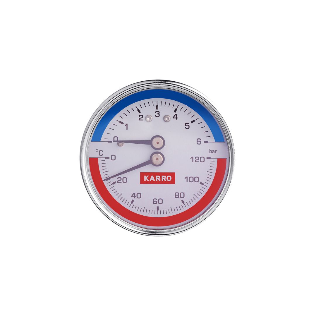 Термоманометр Karro 1/2"х1/4" 63 мм горизонтальний KR-1086В