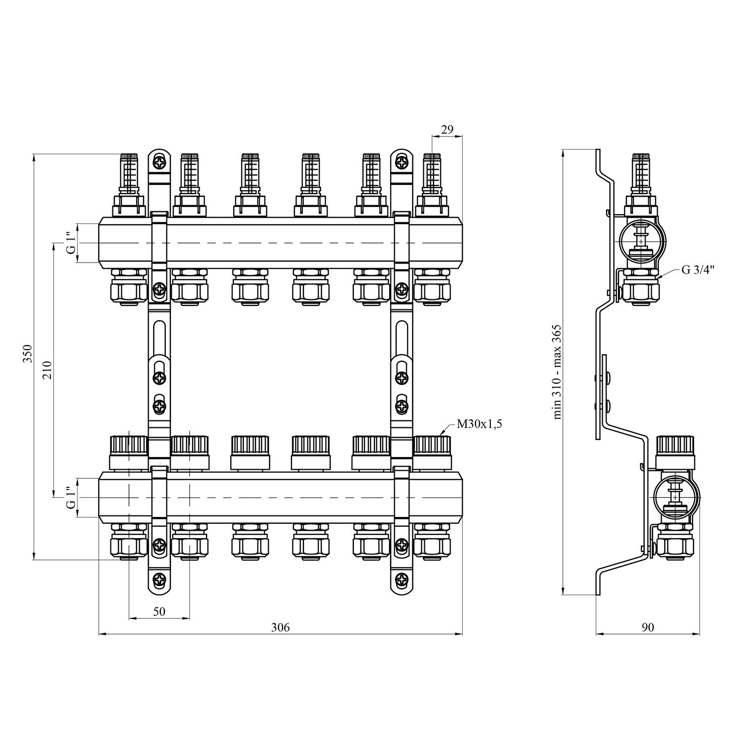 Колектор в зборі STA на 6 виходів 1"х3/4" з євроконусами, латунний