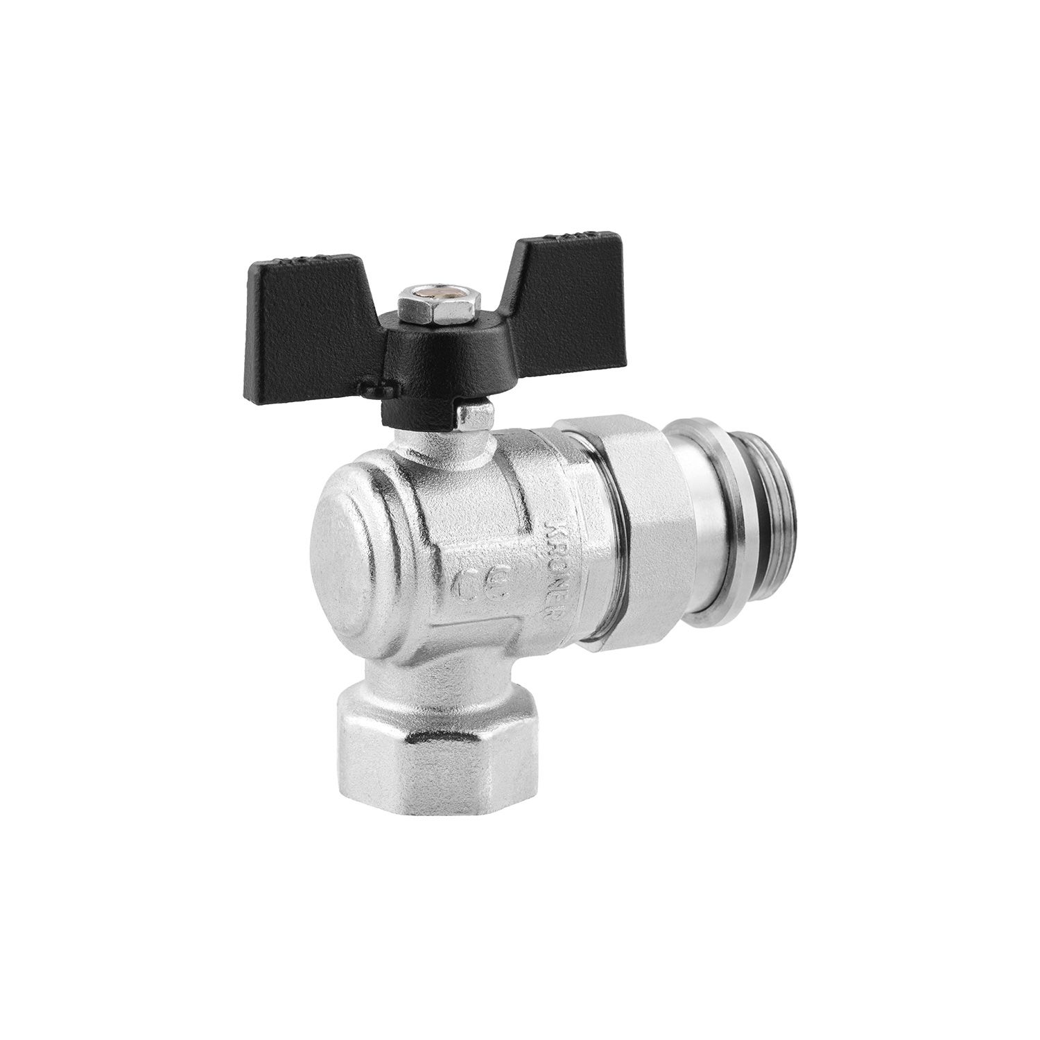 Кран-американка кульовий кутовий Kroner 1" ВЗ PN40 метелик, нікельований