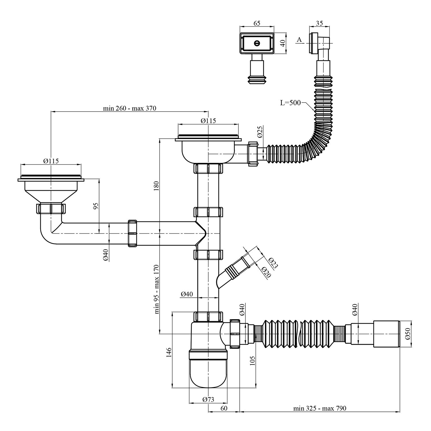 Сифон подвійний для кухонної мийки Agua KS04-1 3 1/2"х40/50 мм з відводом для пральної машини, з круглим переливом