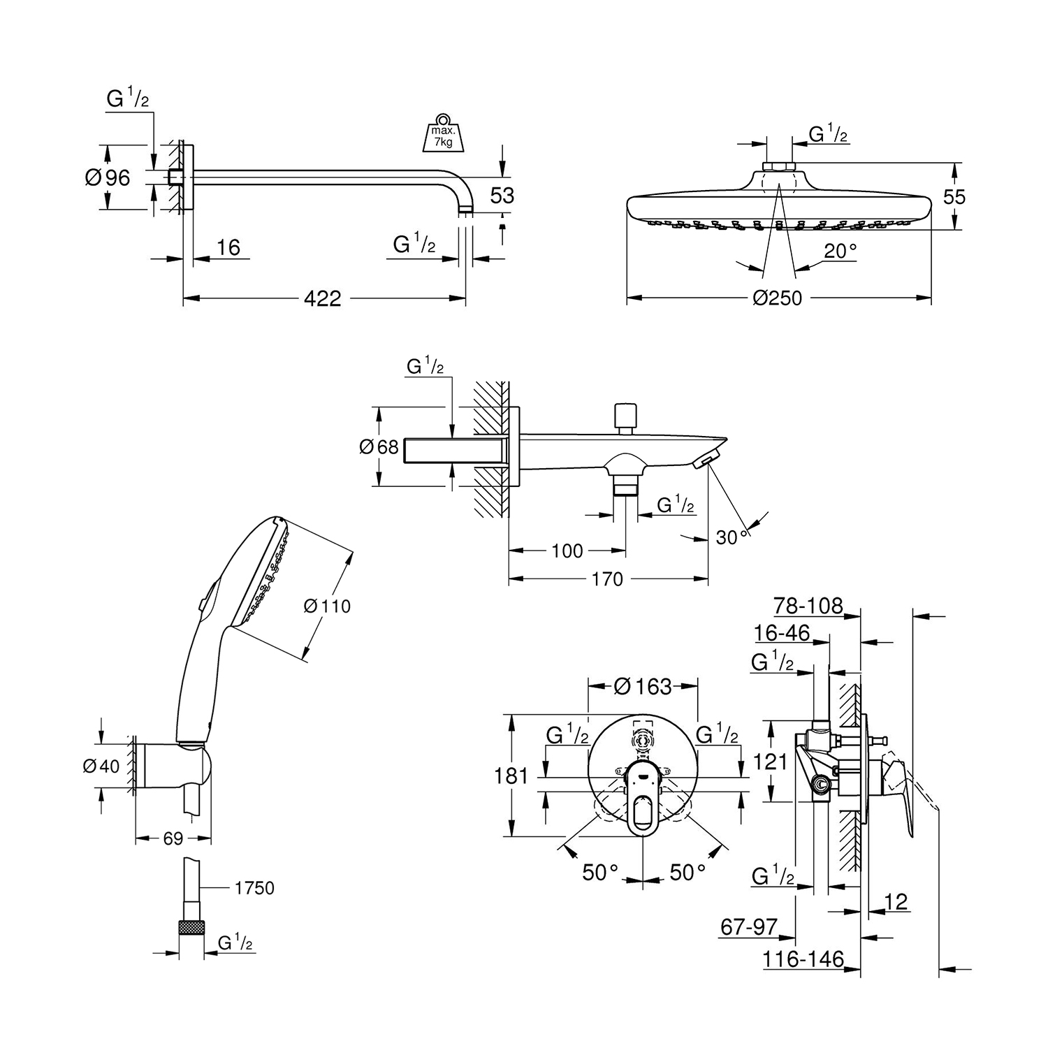 Душова система прихованого монтажу Grohe Vitalio Start 250 з виливом для ванни та змішувачем Bauloop UA290810R3