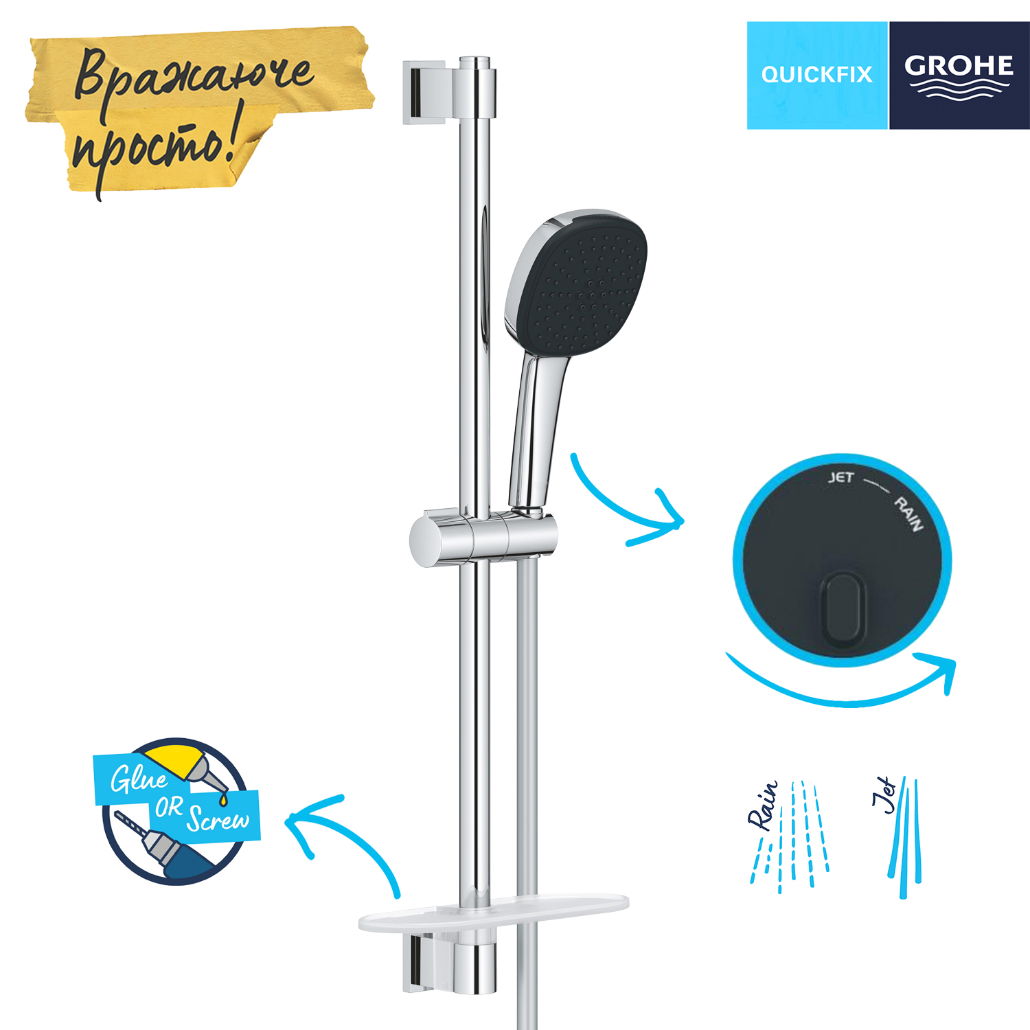 Душова система Grohe Euroeco з гарнітуром Vitalio Comfort 110 та шланговим підключенням 3274226929