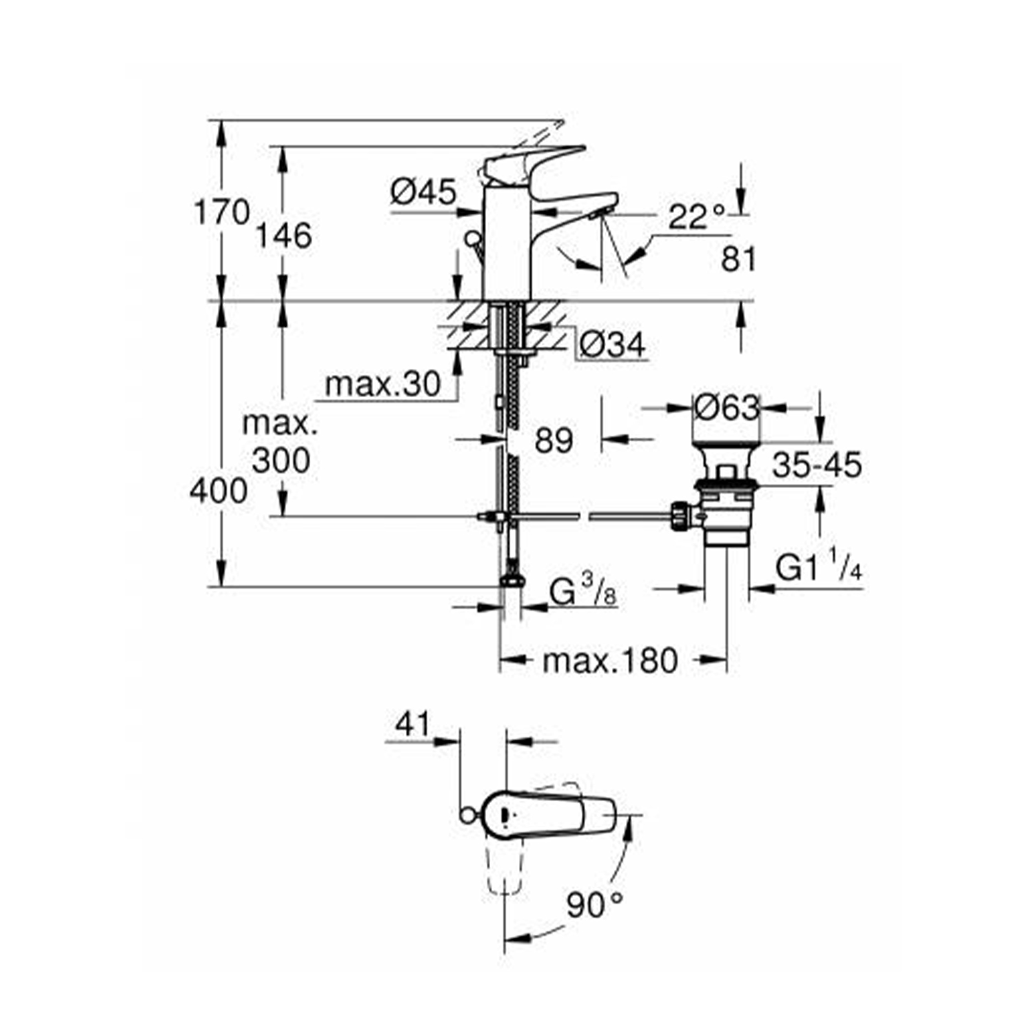 Змішувач для раковини Grohe Start Flow ES S-Size 23769000 з донним клапаном