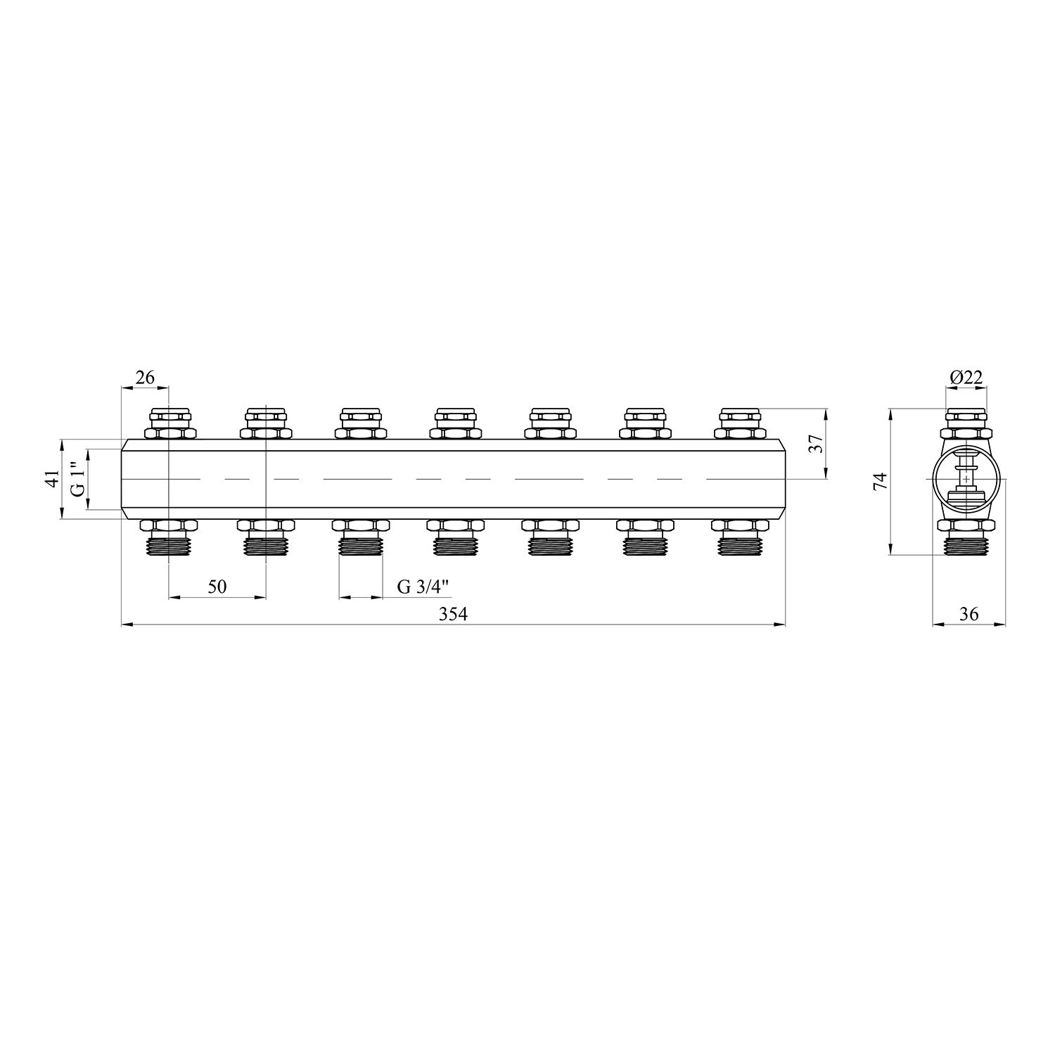 Колектор регулюючий Karro на 7 виходів 1"х3/4" відсікаючий вентиль, латунний KR-1012U