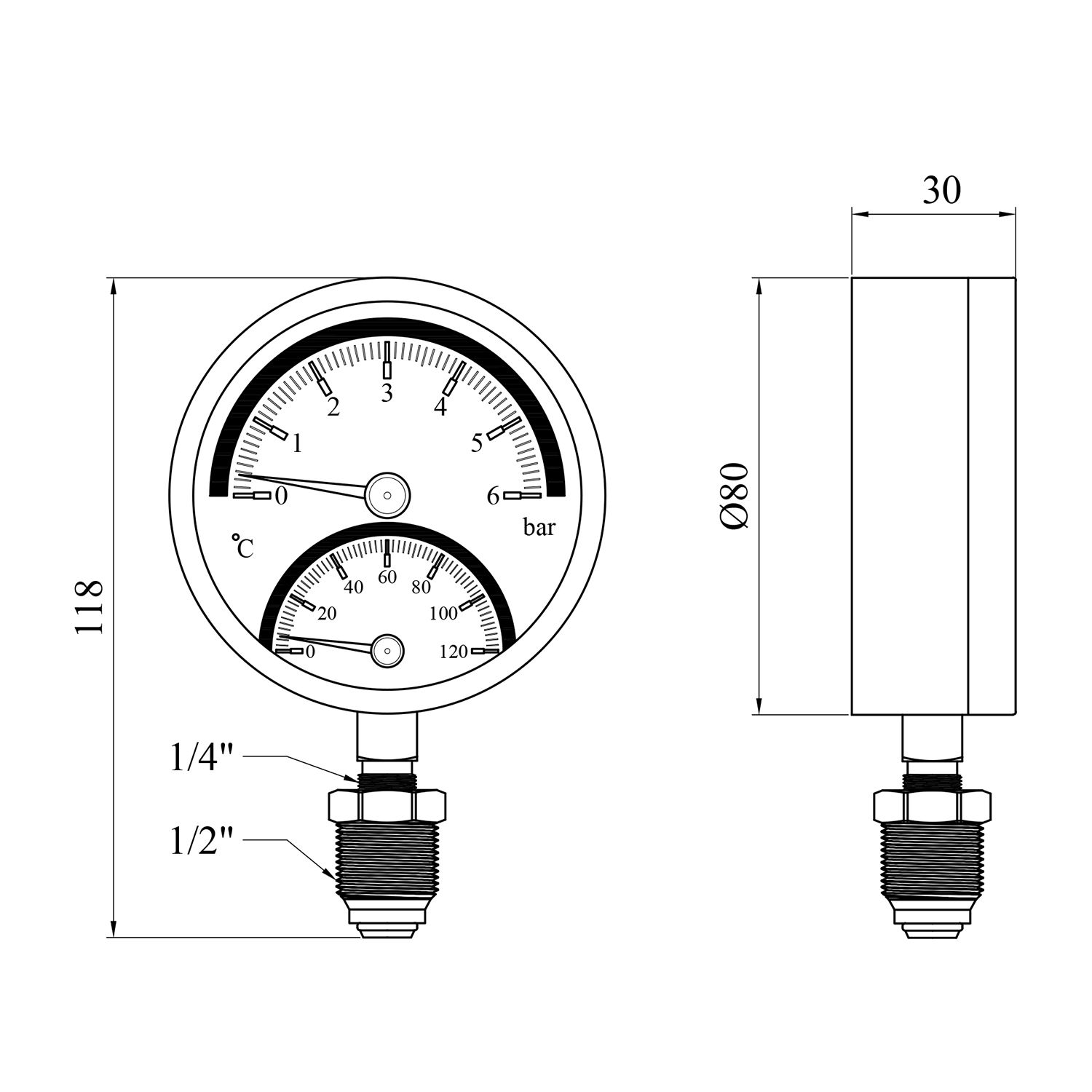 Термоманометр Karro 1/2"х1/4" 80 мм вертикальний KR-1086