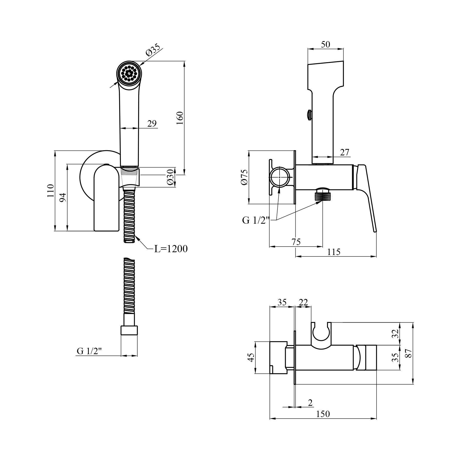 Набір для гігієнічного душу прихованого монтажу зі змішувачем Kroner KRP Graz - C082