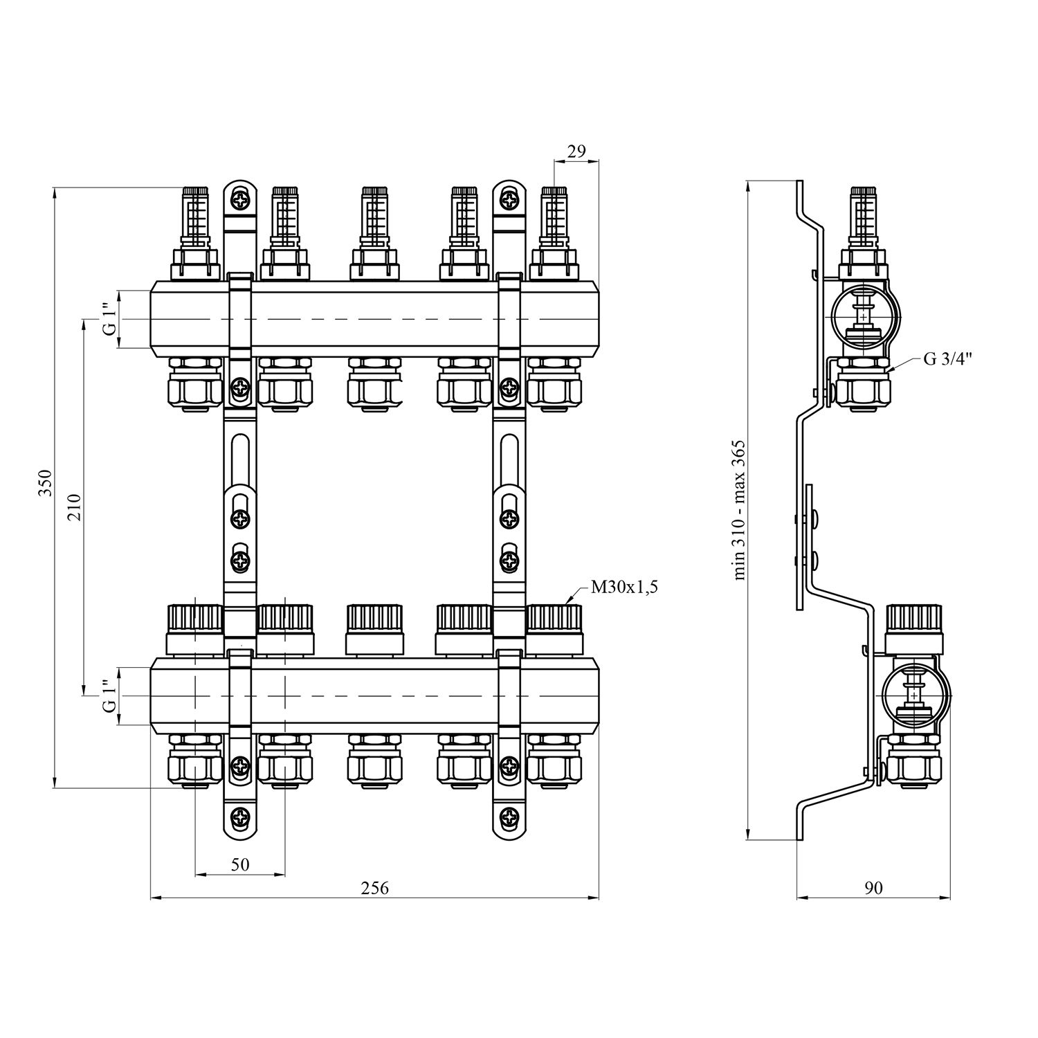 Колектор в зборі STA на 5 виходів 1"х3/4" з євроконусами, латунний