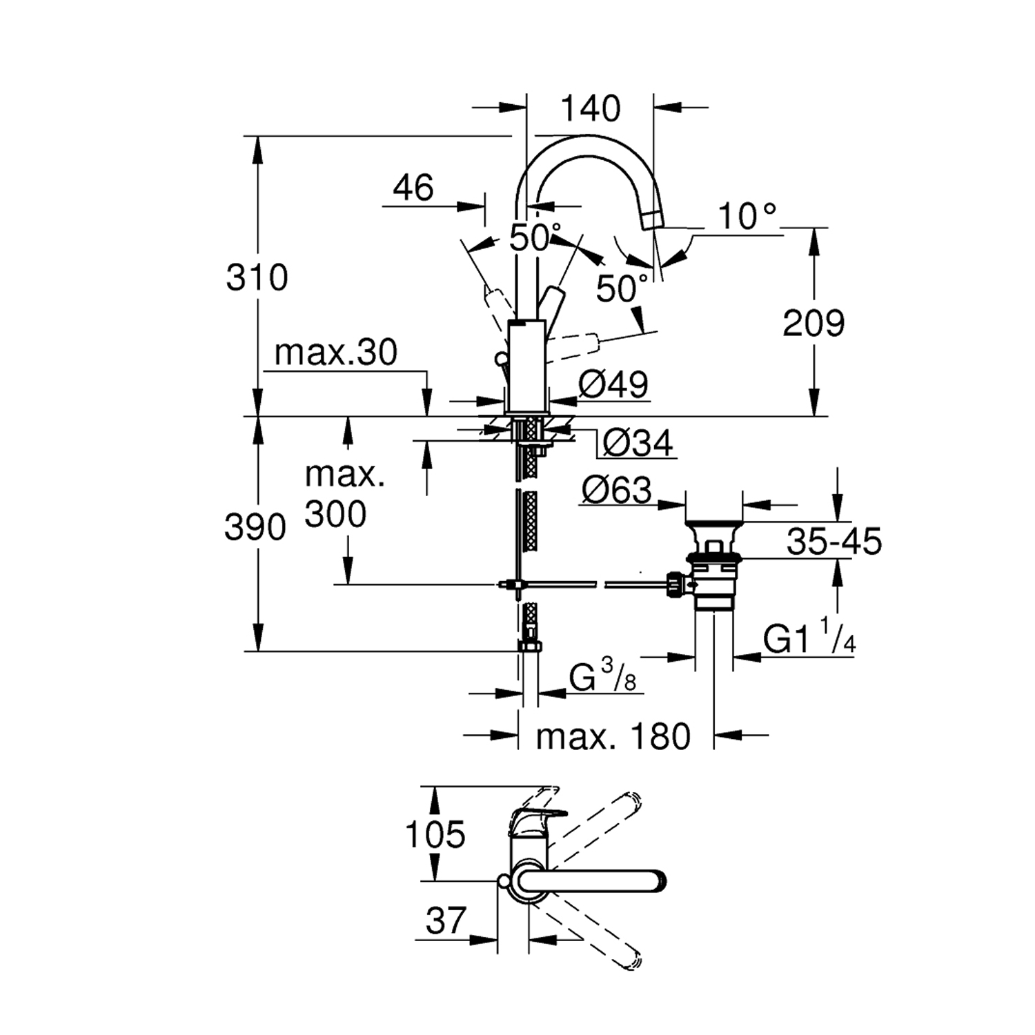 Змішувач для раковини Grohe Start Flow L-Size 23811000 з донним клапаном