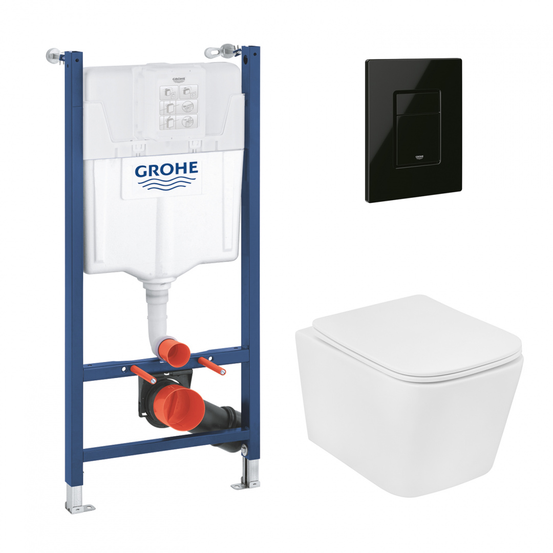 Комплект 4 в 1: Інсталяція Grohe Solido 2 в 1 38971000 + Панель змиву для унітаза Grohe Even Black 38966KV0 + Унітаз підвісний безобідковий Kroner Eifel WHI483429 TORNADO з сидінням Slim Duroplast / Soft-close / Quick relase KE483429WHIT(38971966KV0KE48T)