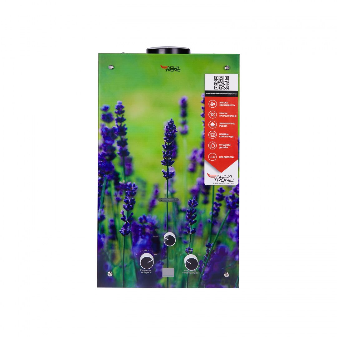 Колонка газовая дымоходная Aquatronic JSD20-AG108 10 л с режимом Зима/Лето, панель из стекла с рисунком цветы