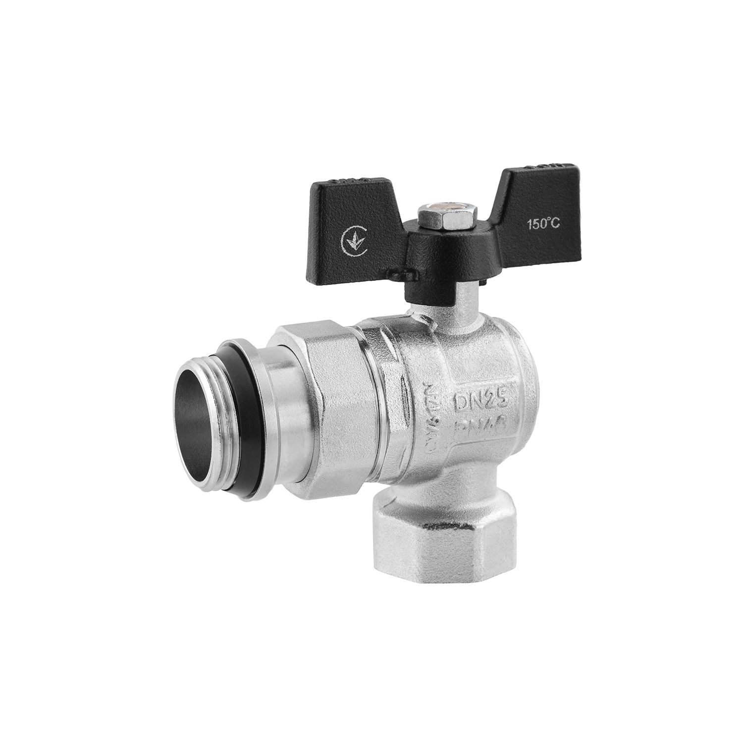 Кран-американка кульовий кутовий Kroner 1" ВЗ PN40 метелик, нікельований