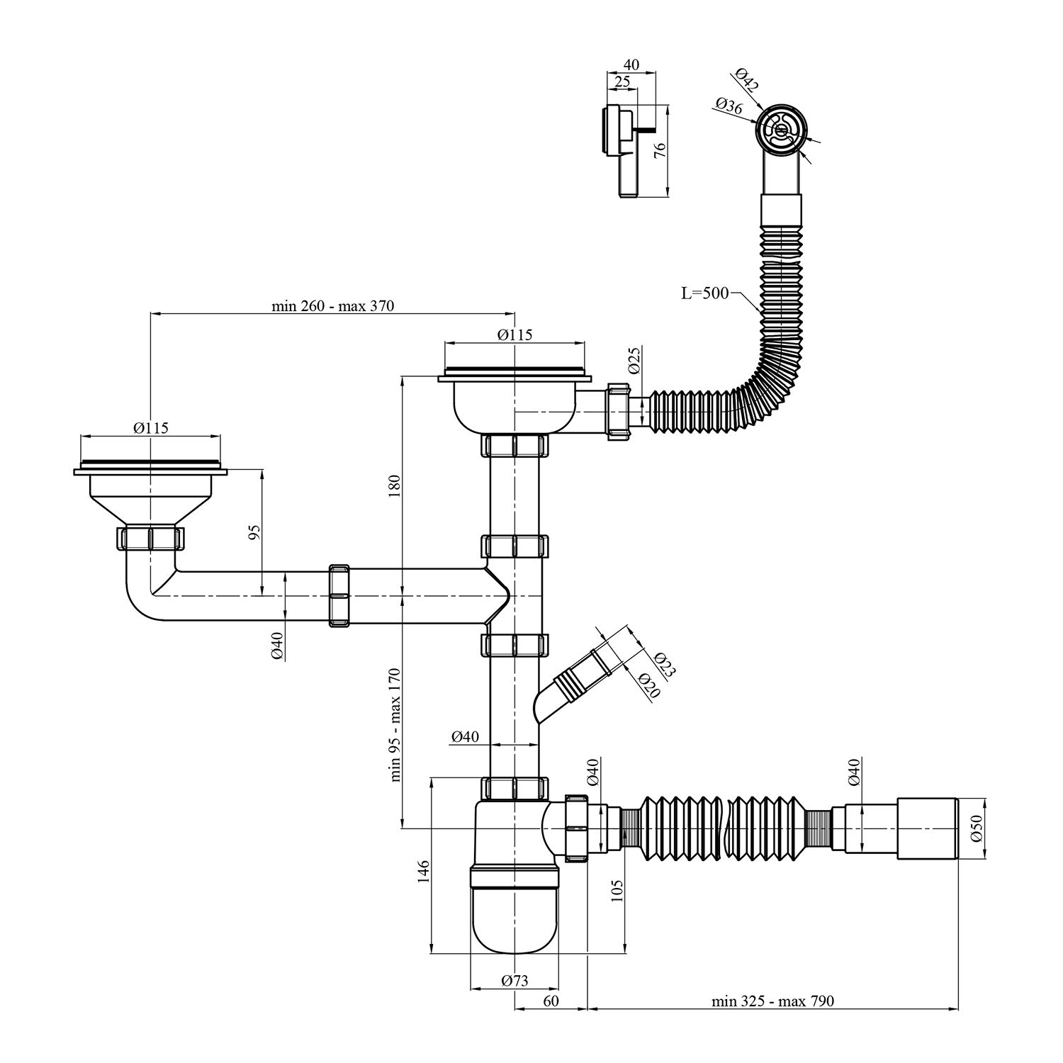Сифон подвійний для кухонної мийки Agua KS04R-1 3 1/2"х40/50 мм з відводом для пральної машини, з круглим переливом