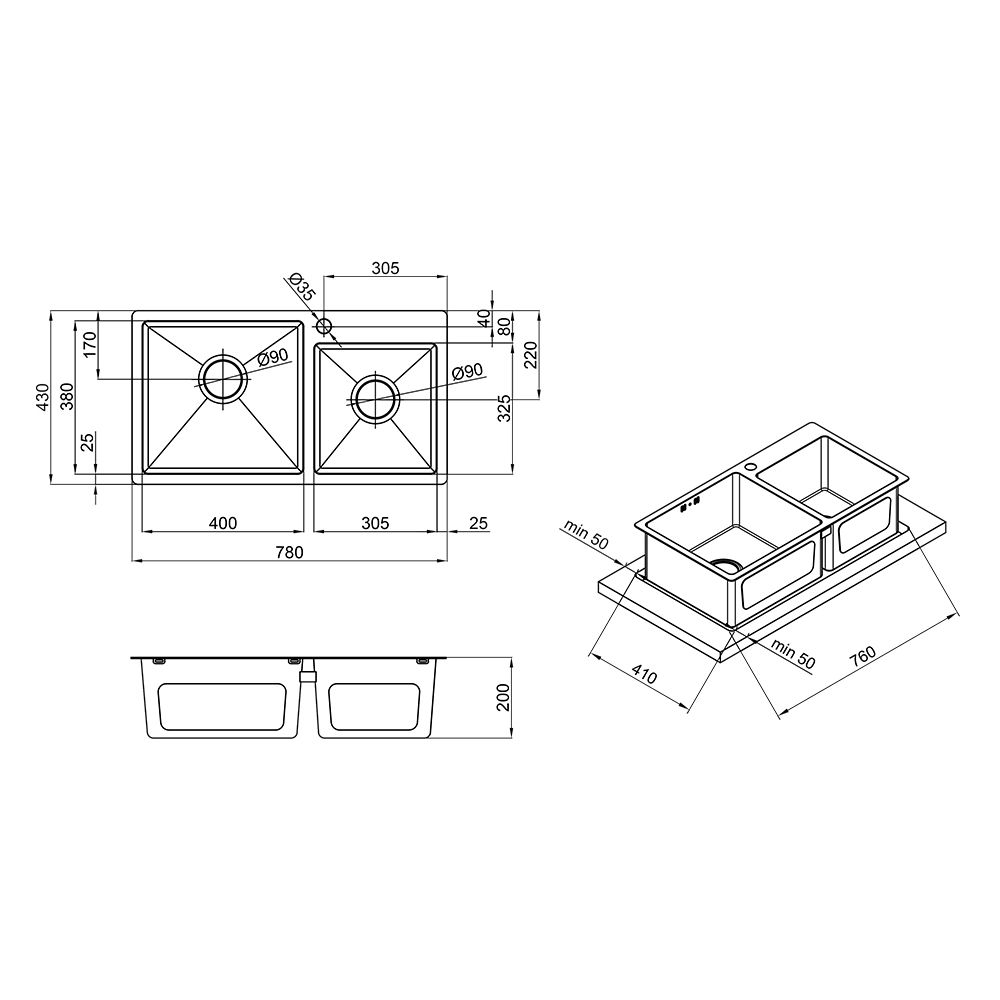 Кухонная мойка Imperial Handmade S7843BL 2.7/1.0 мм (IMPS7843BRPVDH10)