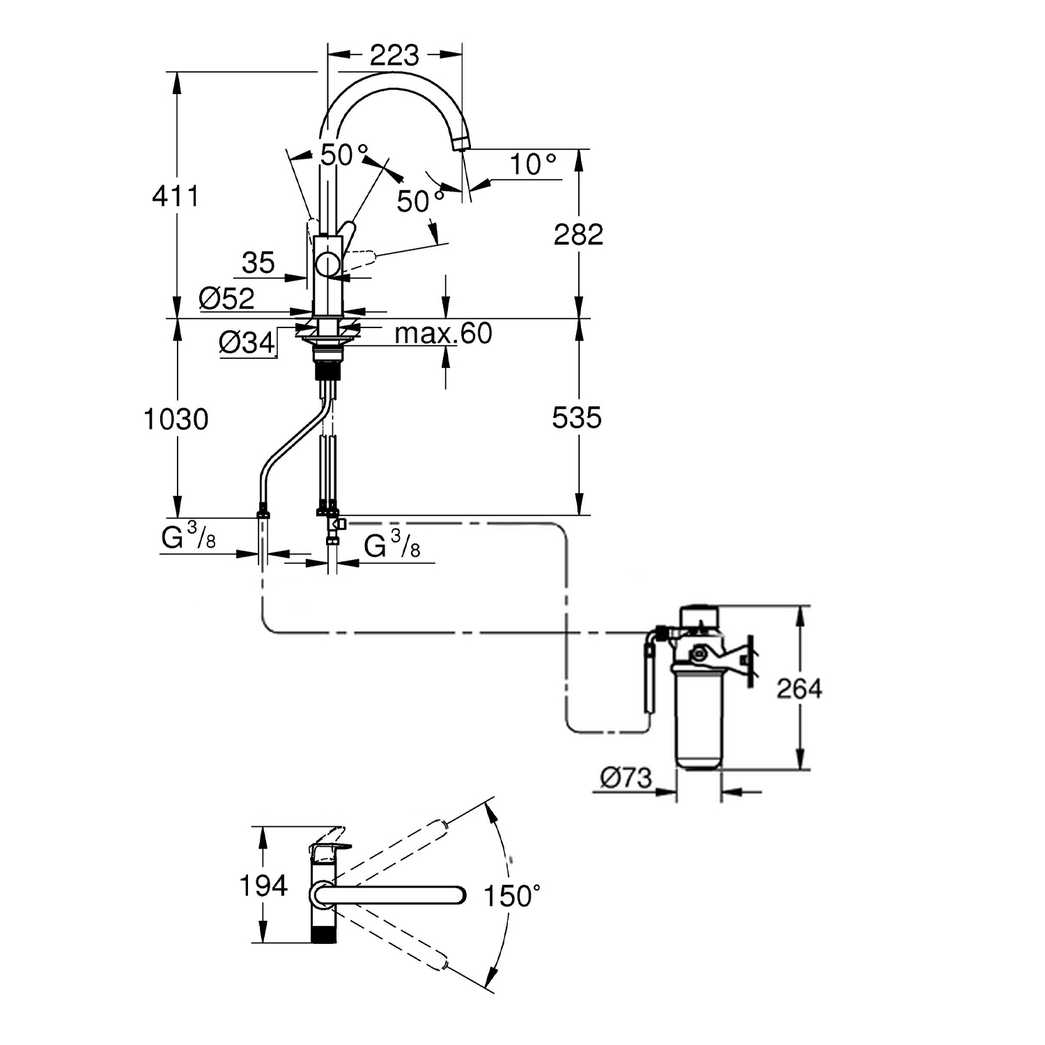 Змішувач для кухні Grohe Blue Pure StartCurve 30592000 з фільтром Blue S-Size 40404001 та головкою 64508001 (30594040)
