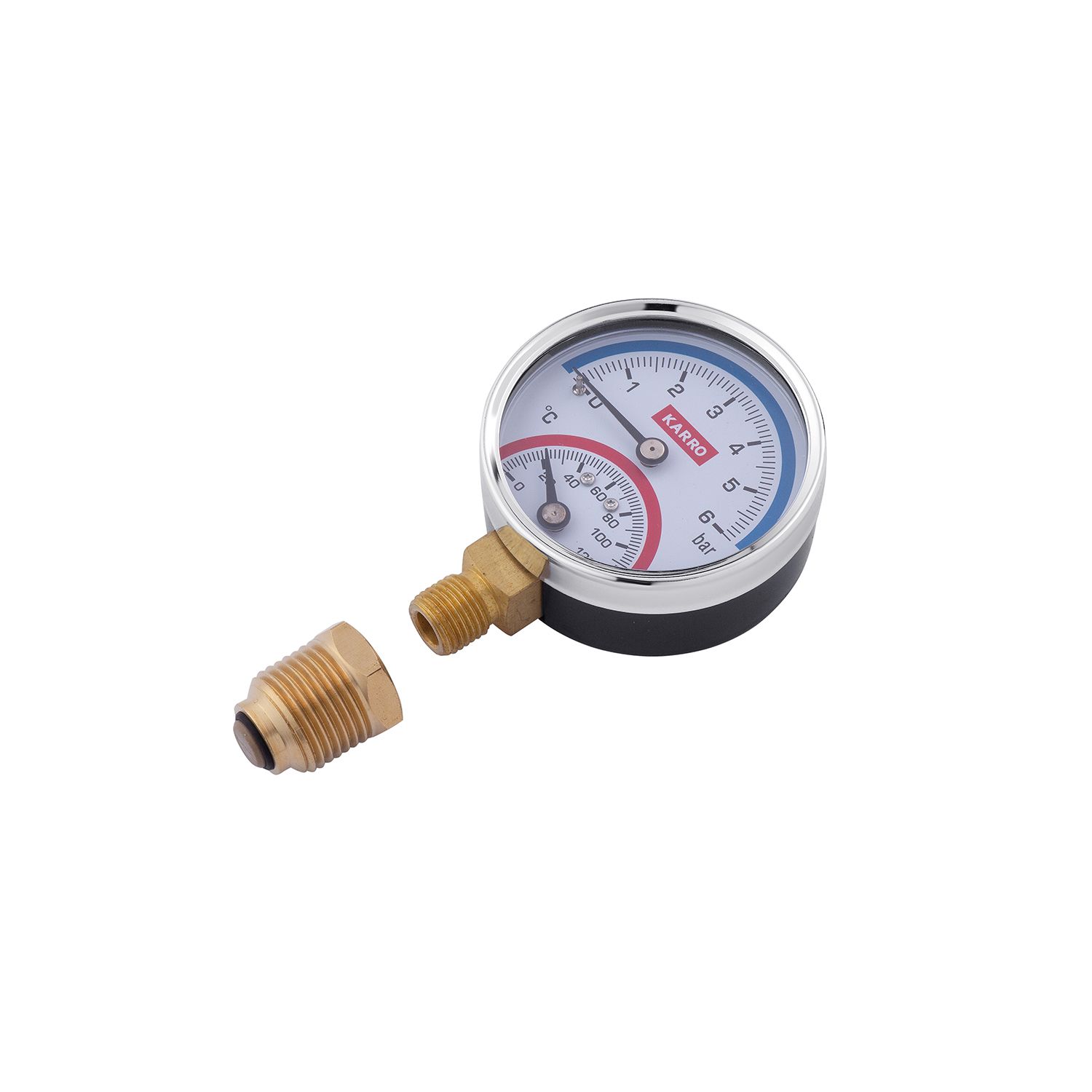 Термоманометр Karro 1/2"х1/4" 63 мм вертикальний KR-1086А