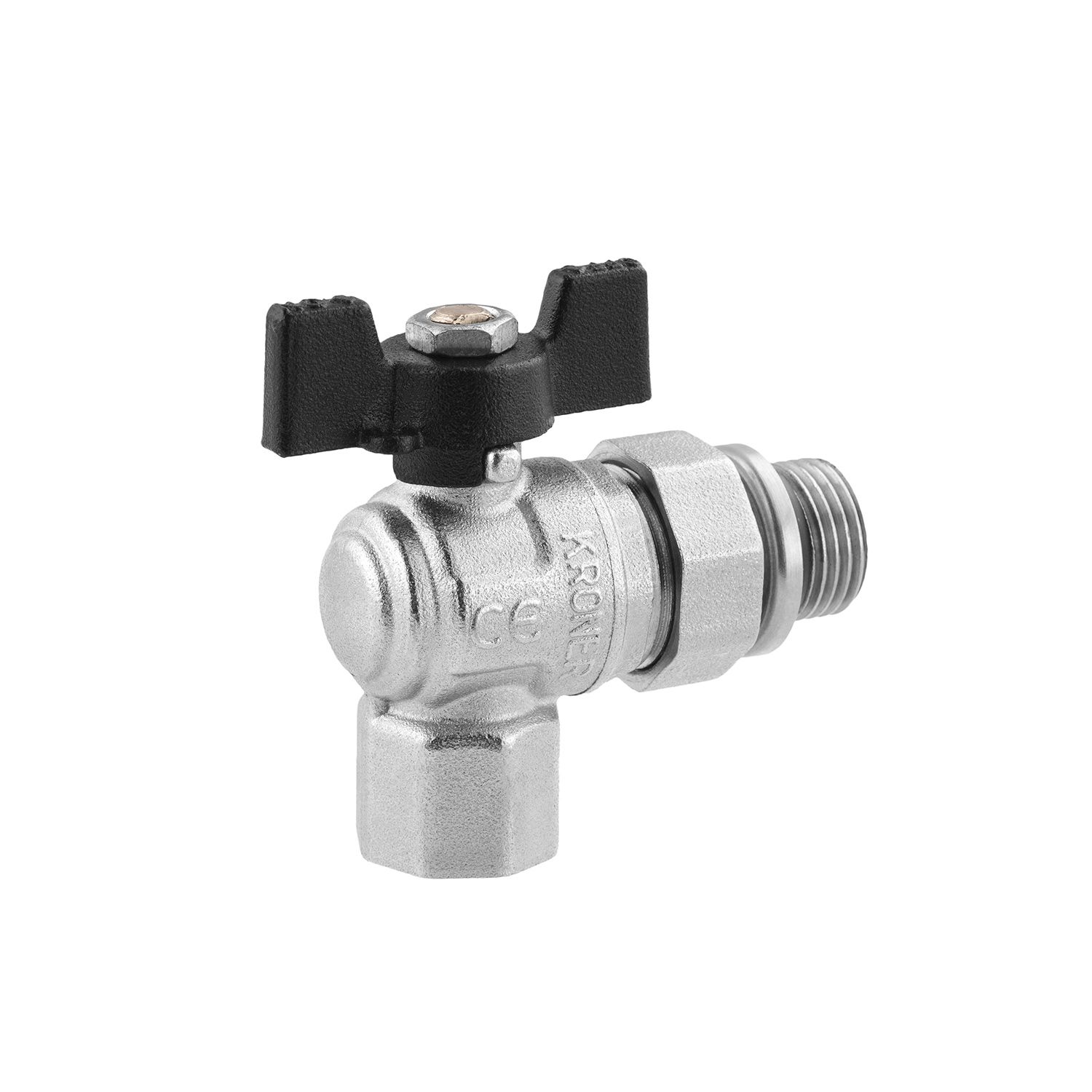 Кран-американка кульовий кутовий Kroner 1/2" ВЗ PN40 метелик, нікельований