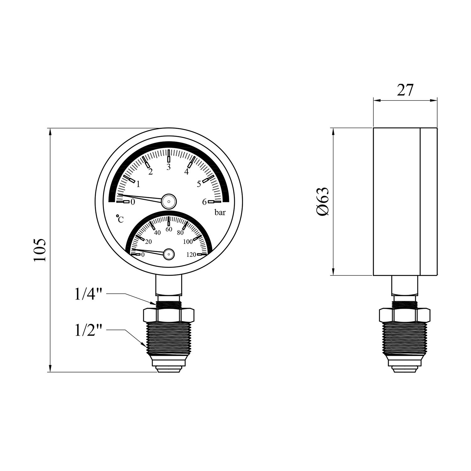 Термоманометр Karro 1/2"х1/4" 63 мм вертикальний KR-1086А