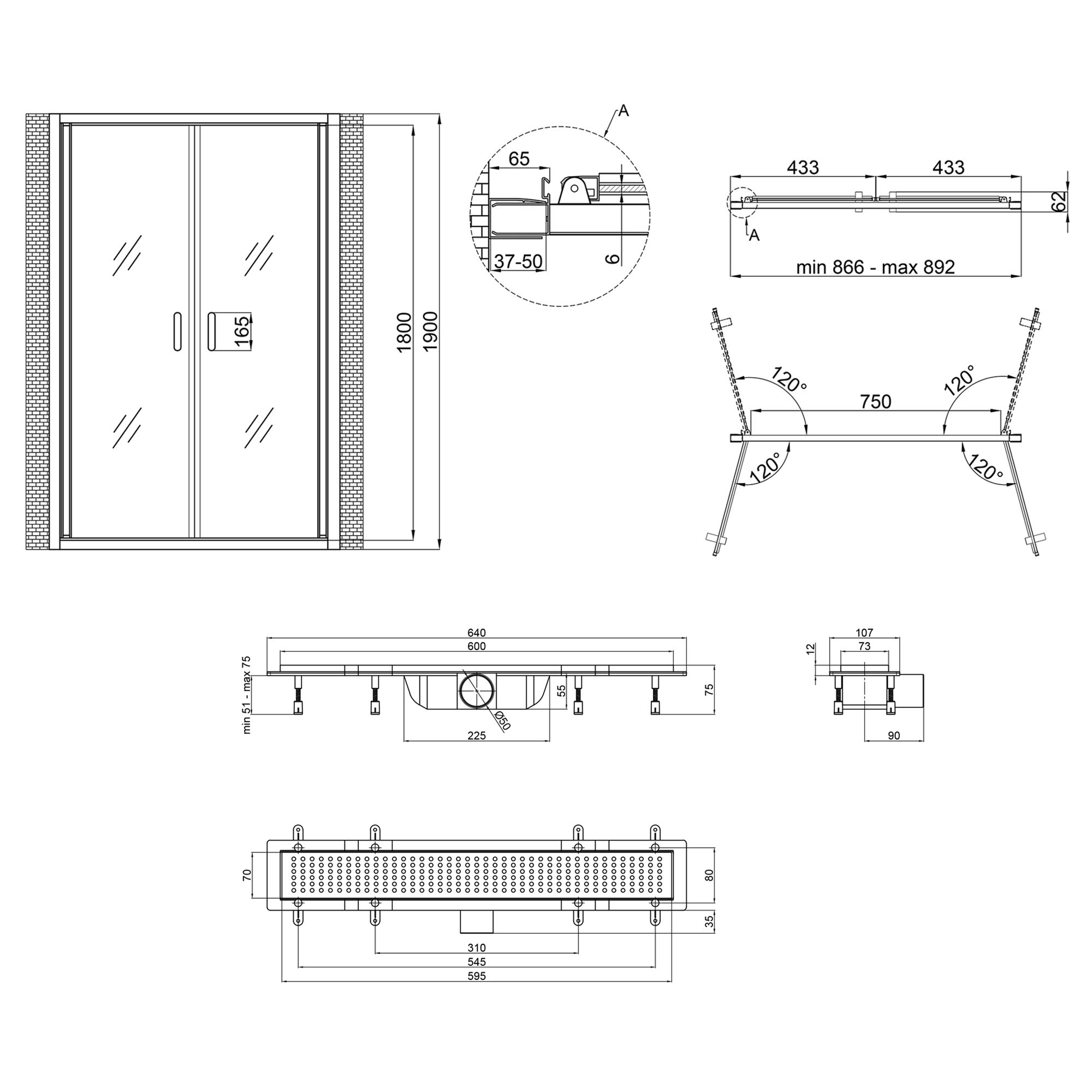Набор Qtap дверь в нишу Gemini CRM209.C6 90х190 см, стекло Clear 6 мм, покрытие CalcLess + трап линейный Dry FB304-600 с сухим затвором и нержавеющей решеткой 600х73 мм