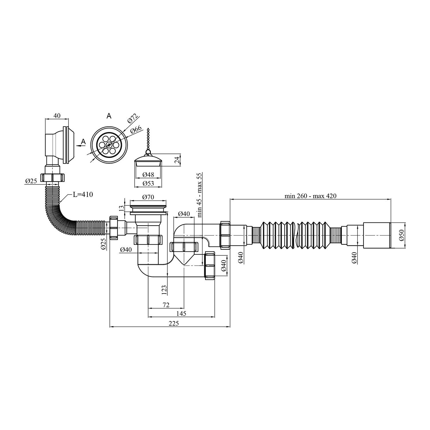 Сифон для ванни Kroner KRP - BS03 1 1/2"х40/50 з переливом та ревізією