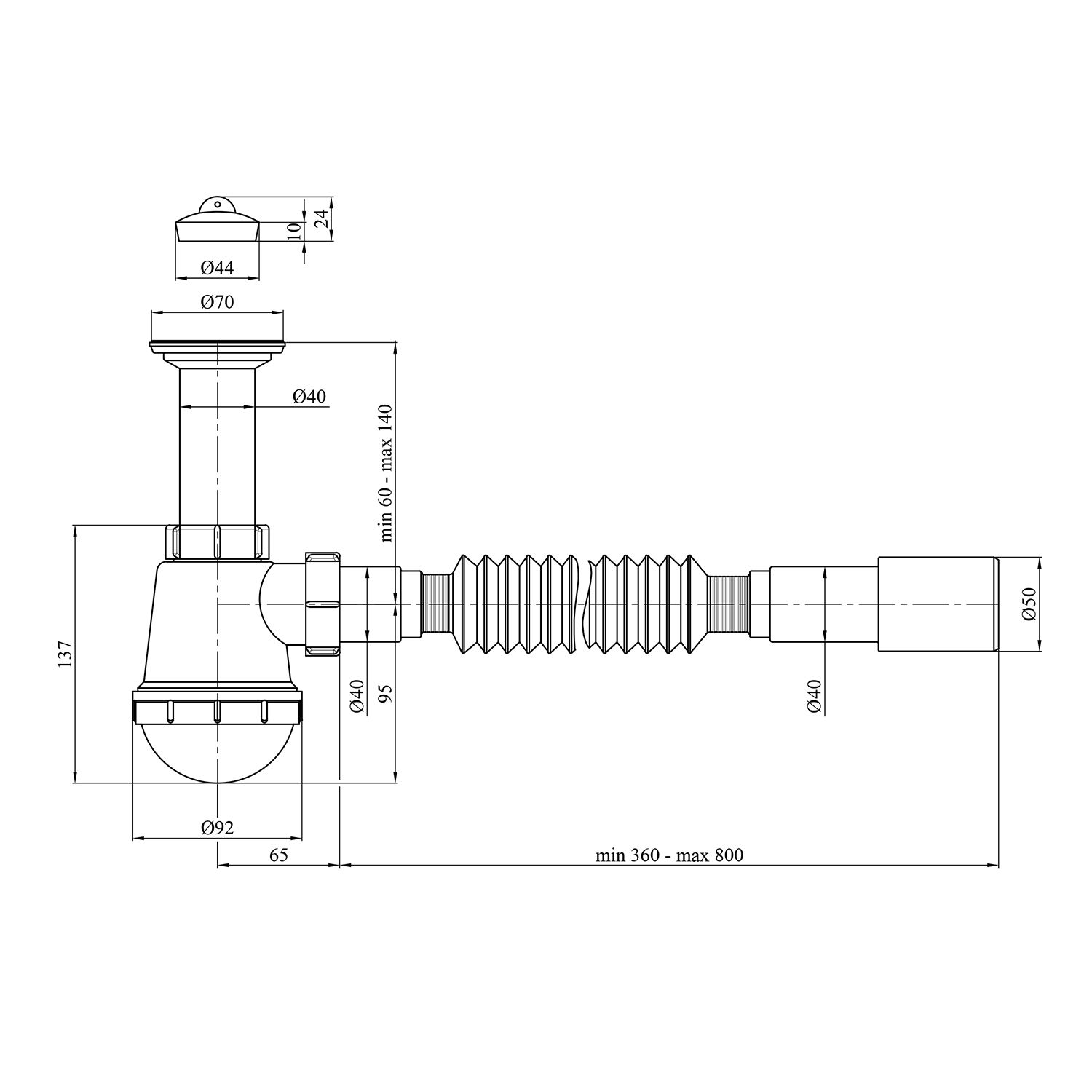 Сифон для кухонної мийки Agua TW01 1 1/2"х40/50 мм з литим випуском