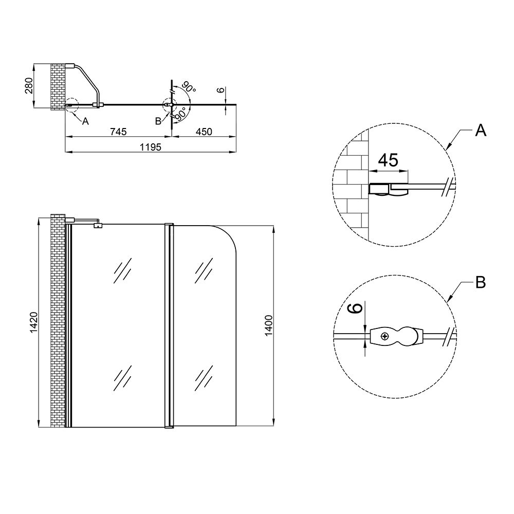 Штора на ванну Lidz Brama SS120x140L.CRM.TR стекло прозрачное 6 мм, левая