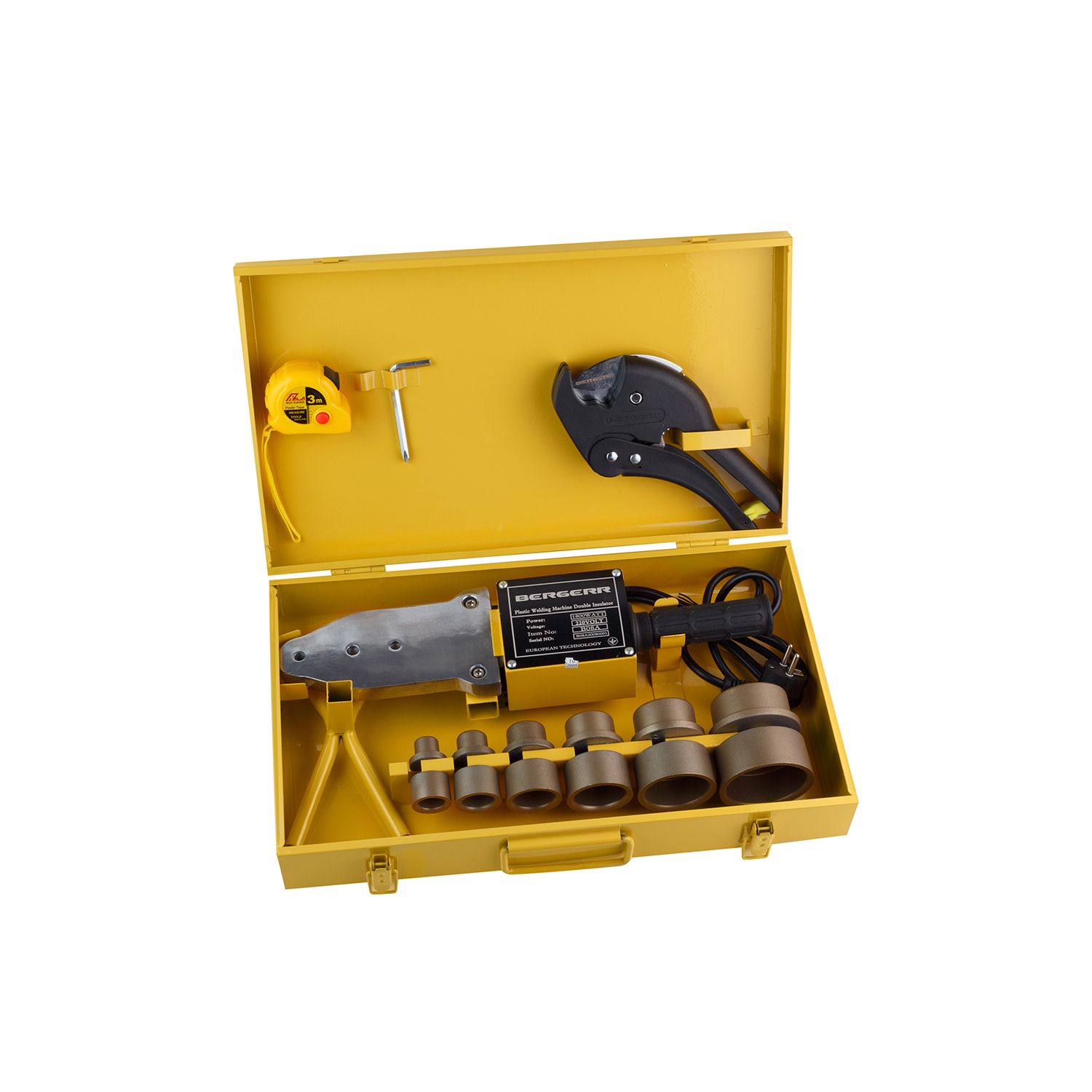 Паяльник для труб PPR Bergerr B08А кейс із насадками 20-63 мм, ножиці великі, рулетка (1800W)