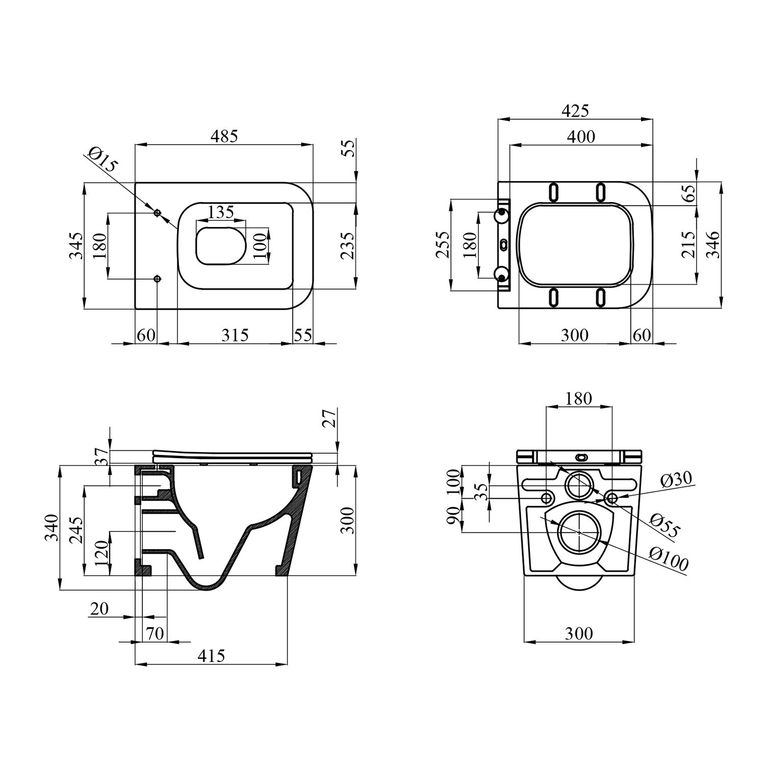 Унітаз підвісний безобідковий Kroner Eifel WHI483429 TORNADO з сидінням (KE483429WHIT)