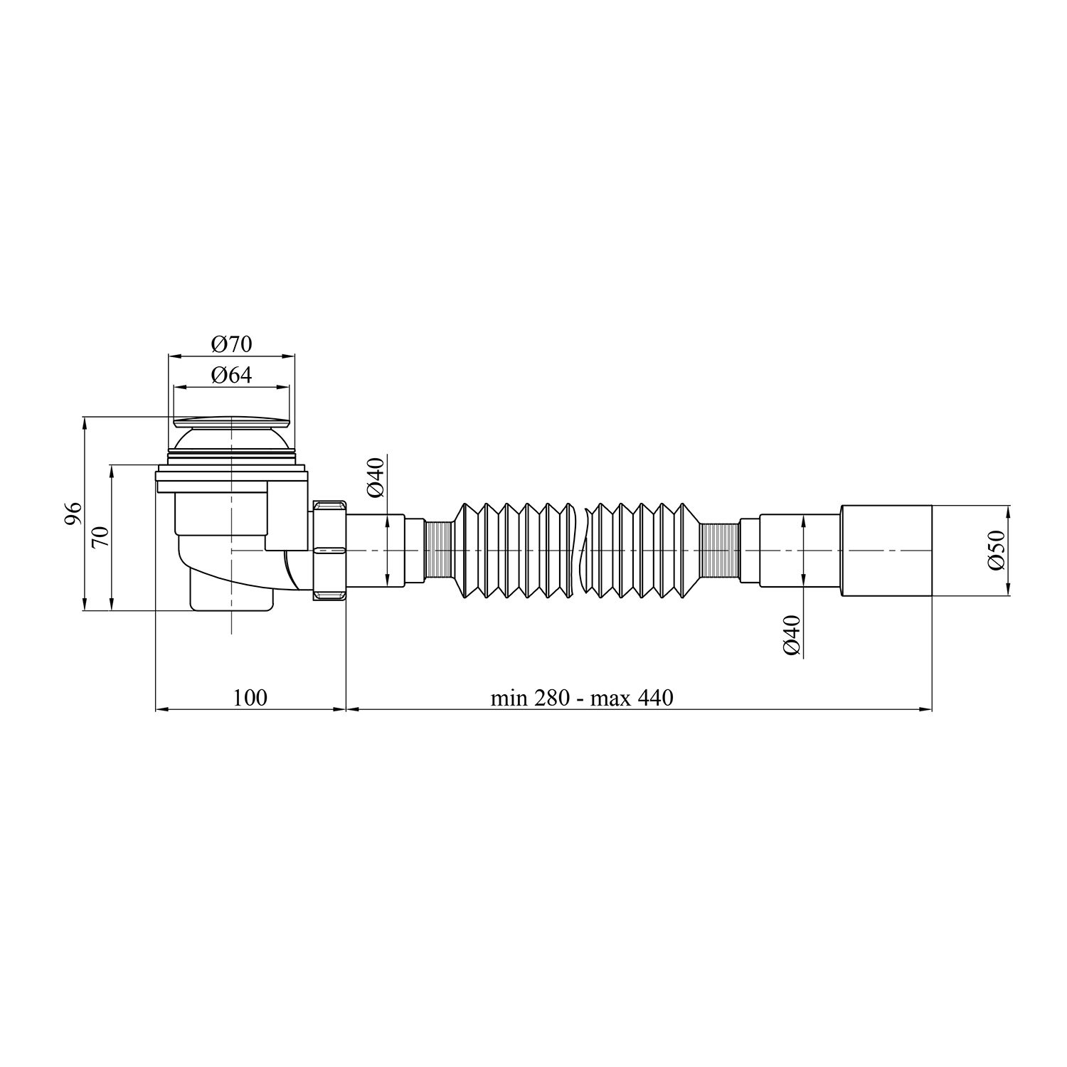 Сифон для душового піддона Kroner KRP - ST08 1 1/2"x60, D-64 з системою Сlick-Сlac, з гнучкою трубкою 40х50