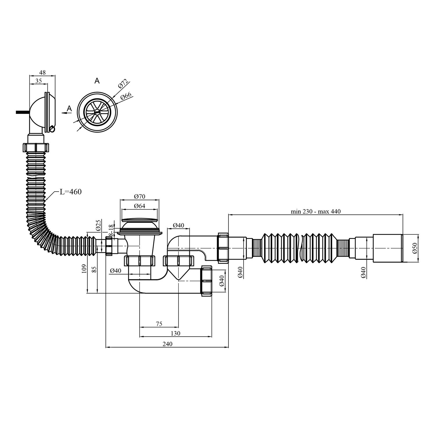 Сифон для ванни Agua BS05K 1 1/2"х40/50 мм з системою Сlick-Сlack, з переливом та ревізією