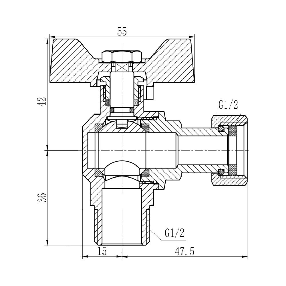 Кран кульовий Thermo Alliance Forte для води кутовий з накидною гайкою 1/2"ВЗ SF224W15