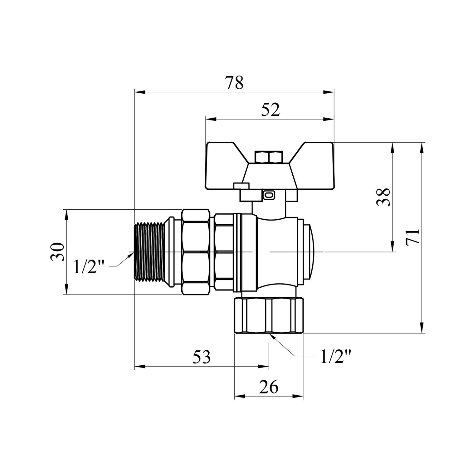 Кран-американка кульовий кутовий Kroner 1/2" ВЗ PN40 метелик, нікельований