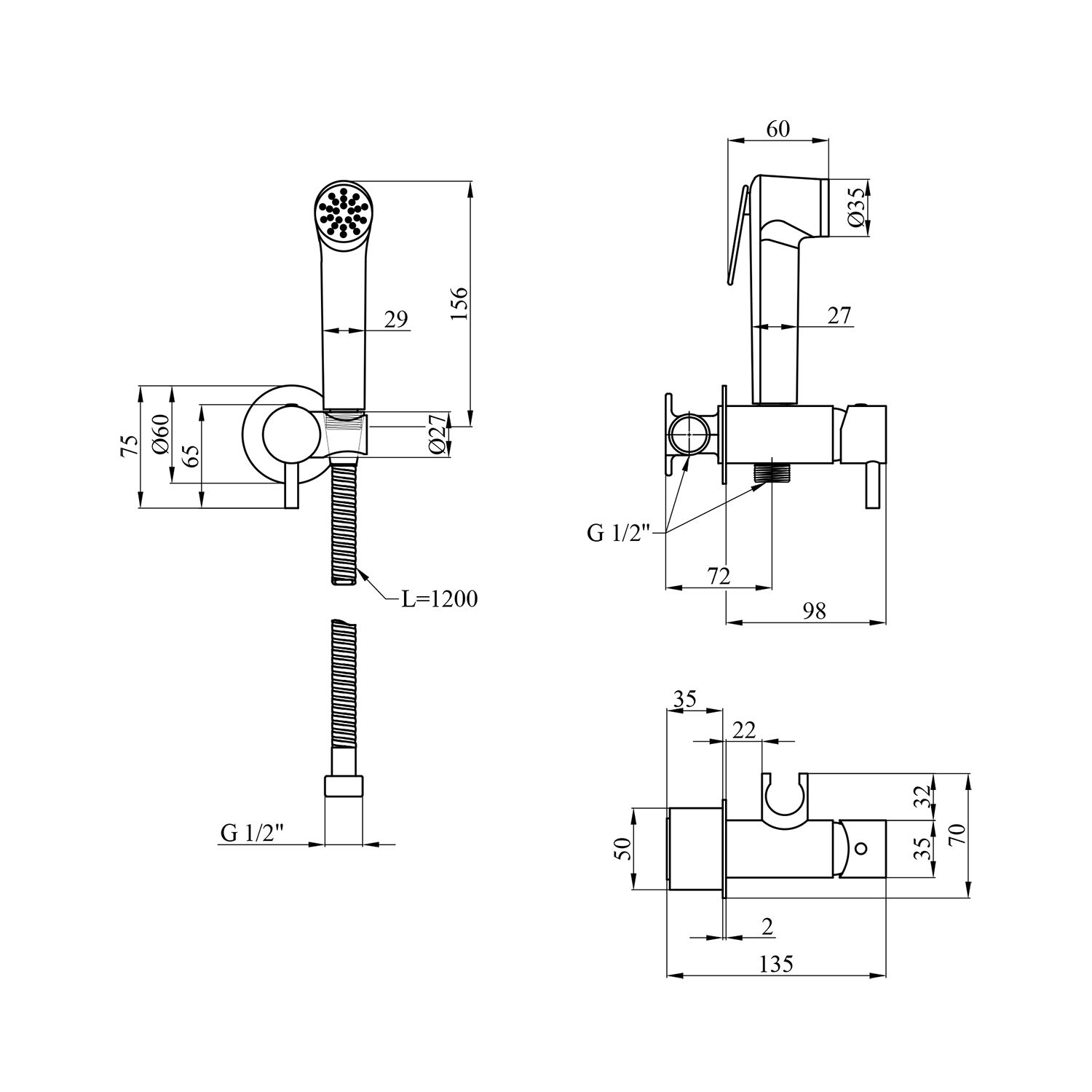 Набір для гігієнічного душу прихованого монтажу зі змішувачем Kroner KRP Bidet - C082