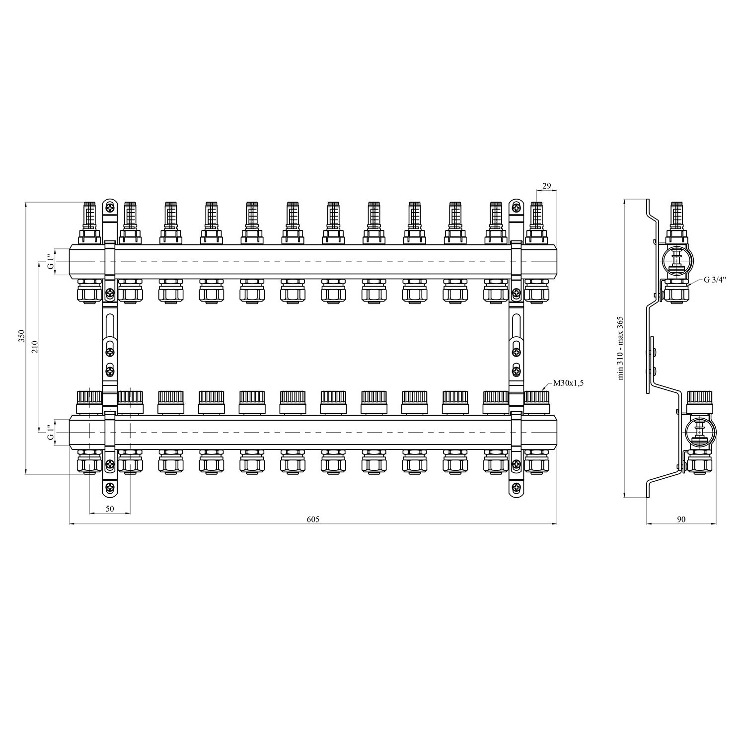 Колектор в зборі STA на 12 виходів 1"х3/4" з євроконусами, латунний